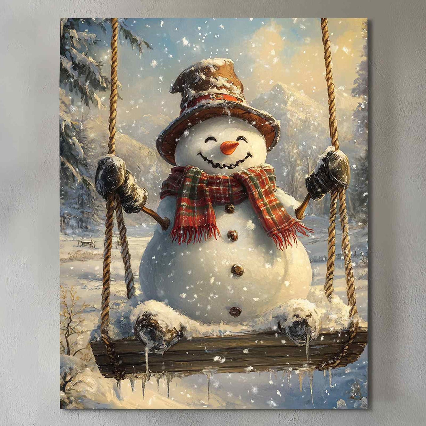 Smiling Snowman on Swing Christmas Canvas Wall Art