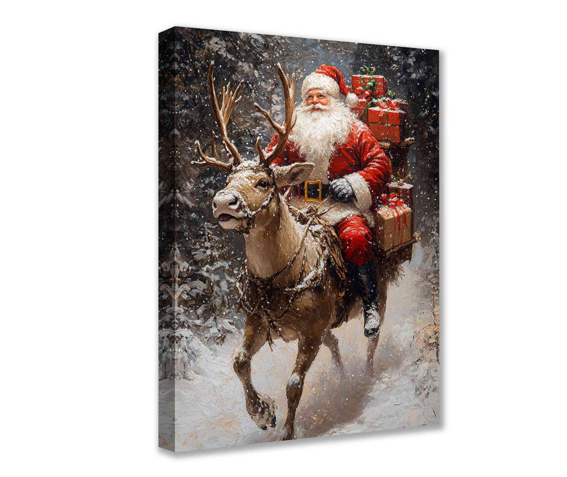 Santa on Reindeer Ride Christmas Canvas Wall Art