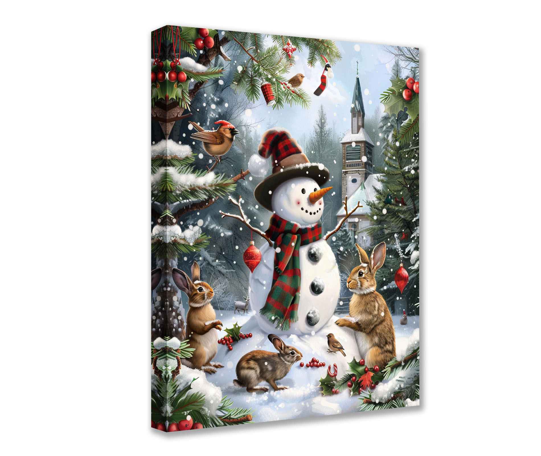 Woodland Snowman and Friends Christmas Canvas Wall Art