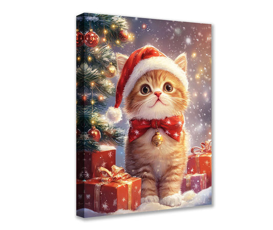 Christmas Kitten with Santa Hat Canvas Wall Art