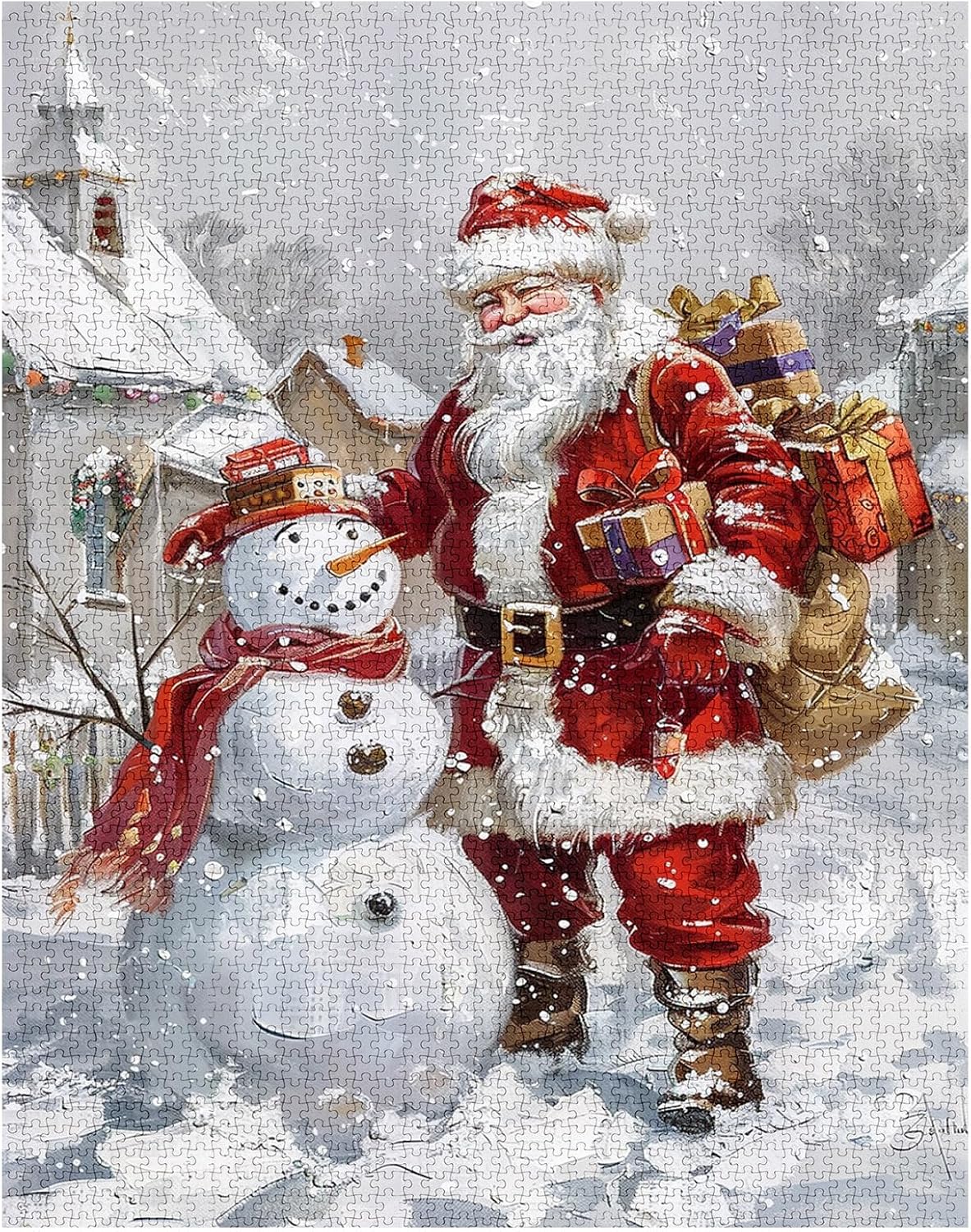 Santa Claus and Snowman in Heavy Snow Jigsaw Puzzles