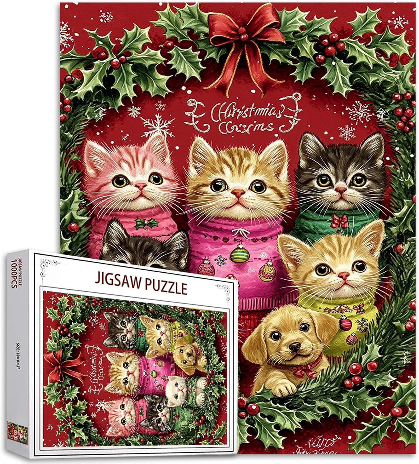 Kittens and Puppies in Christmas Wreath Jigsaw Puzzles