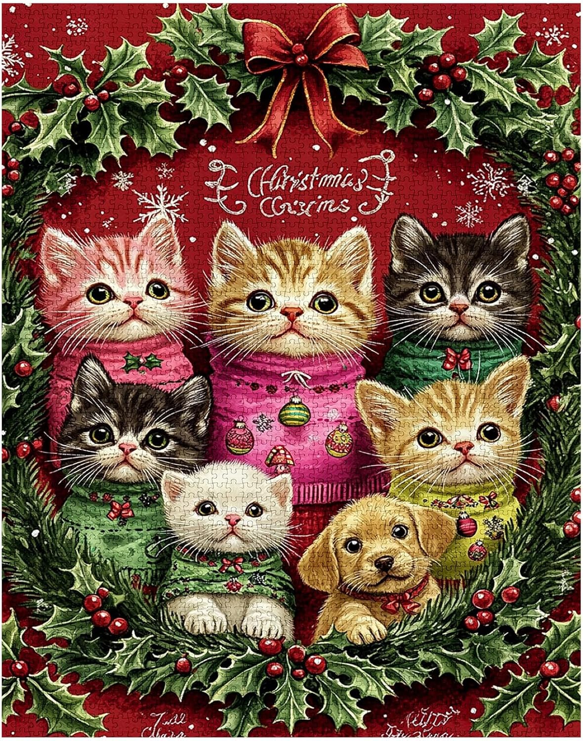 Kittens and Puppies in Christmas Wreath Jigsaw Puzzles