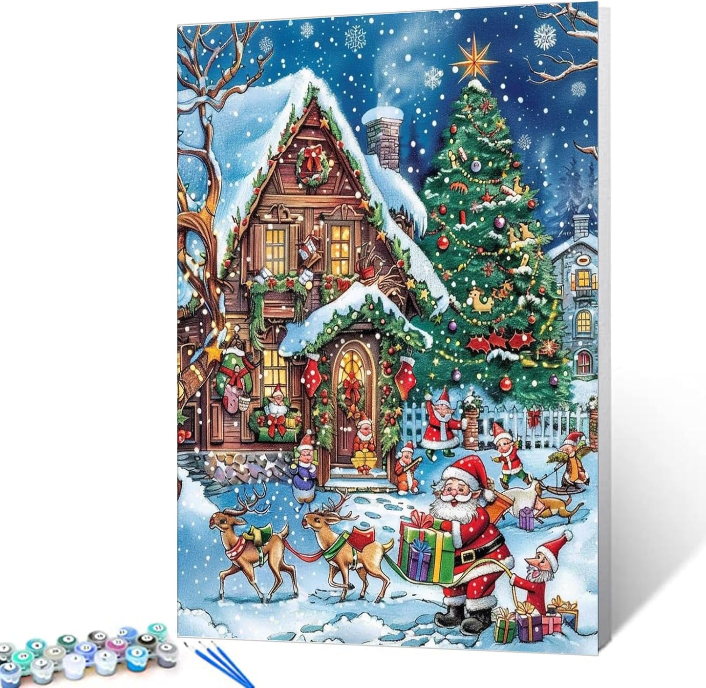 Christmas Santa and Elves on a Snowy Day Paint by Numbers