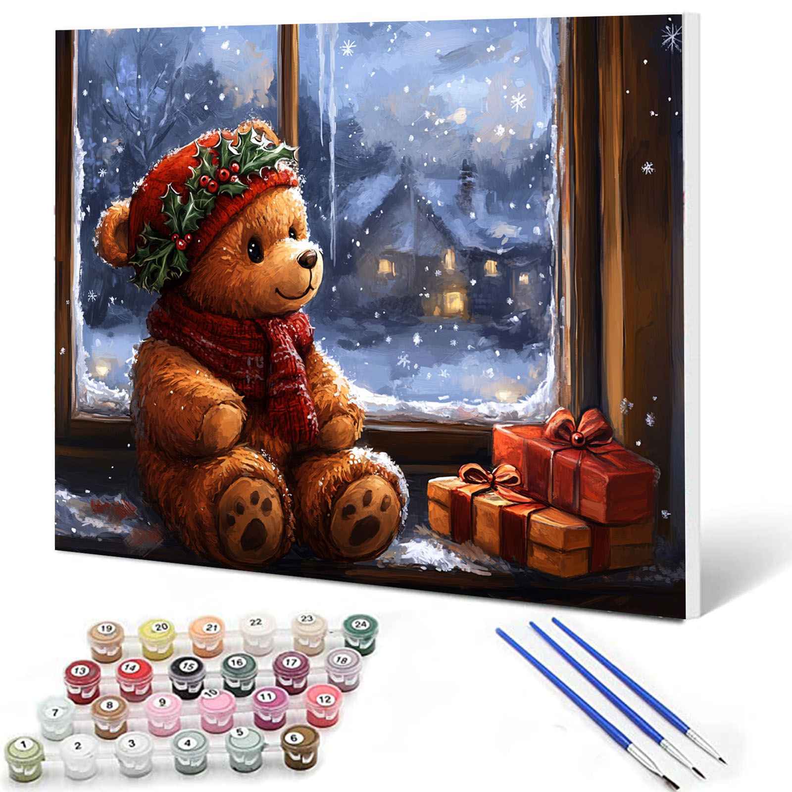 Christmas Window Sill Teddy Bears Paint by Numbers