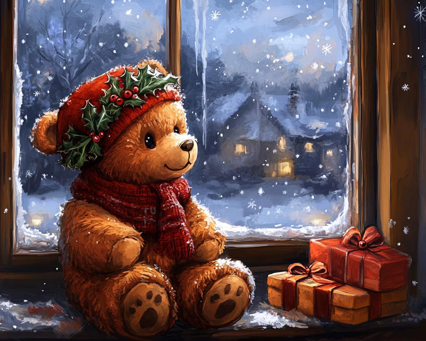 Christmas Window Sill Teddy Bears Paint by Numbers