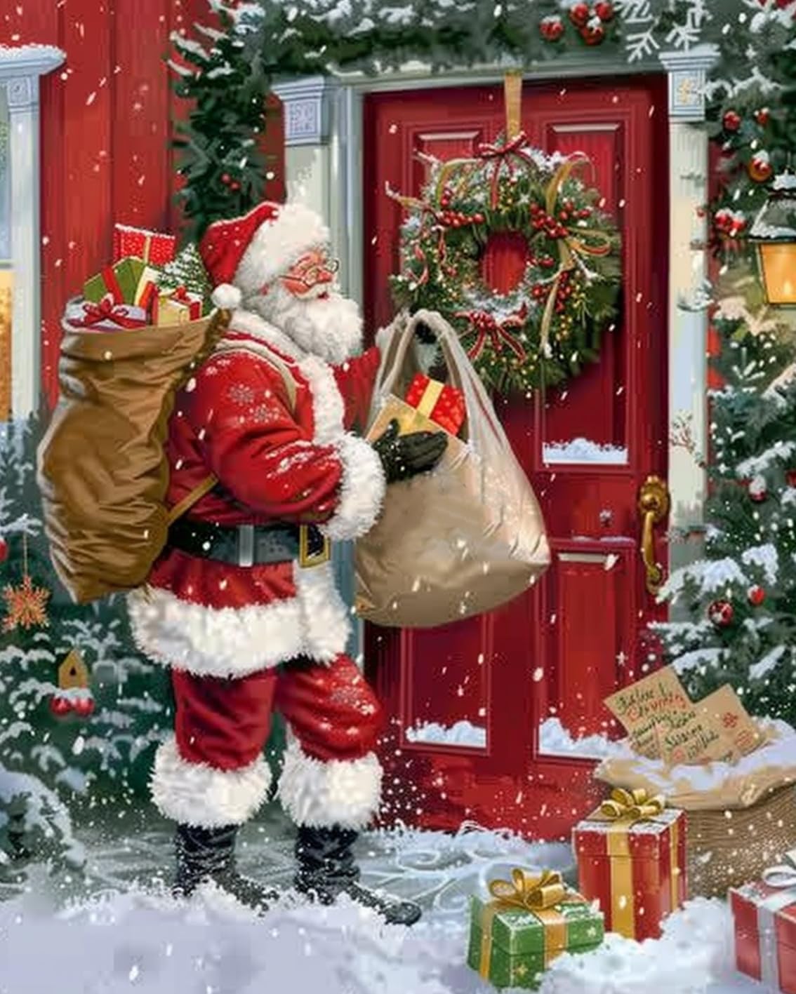 Christmas Santa Outside the Door Paint by Numbers