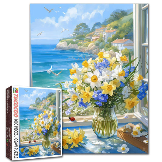 Coastal Window Flowers and Sea Breeze Jigsaw Puzzle