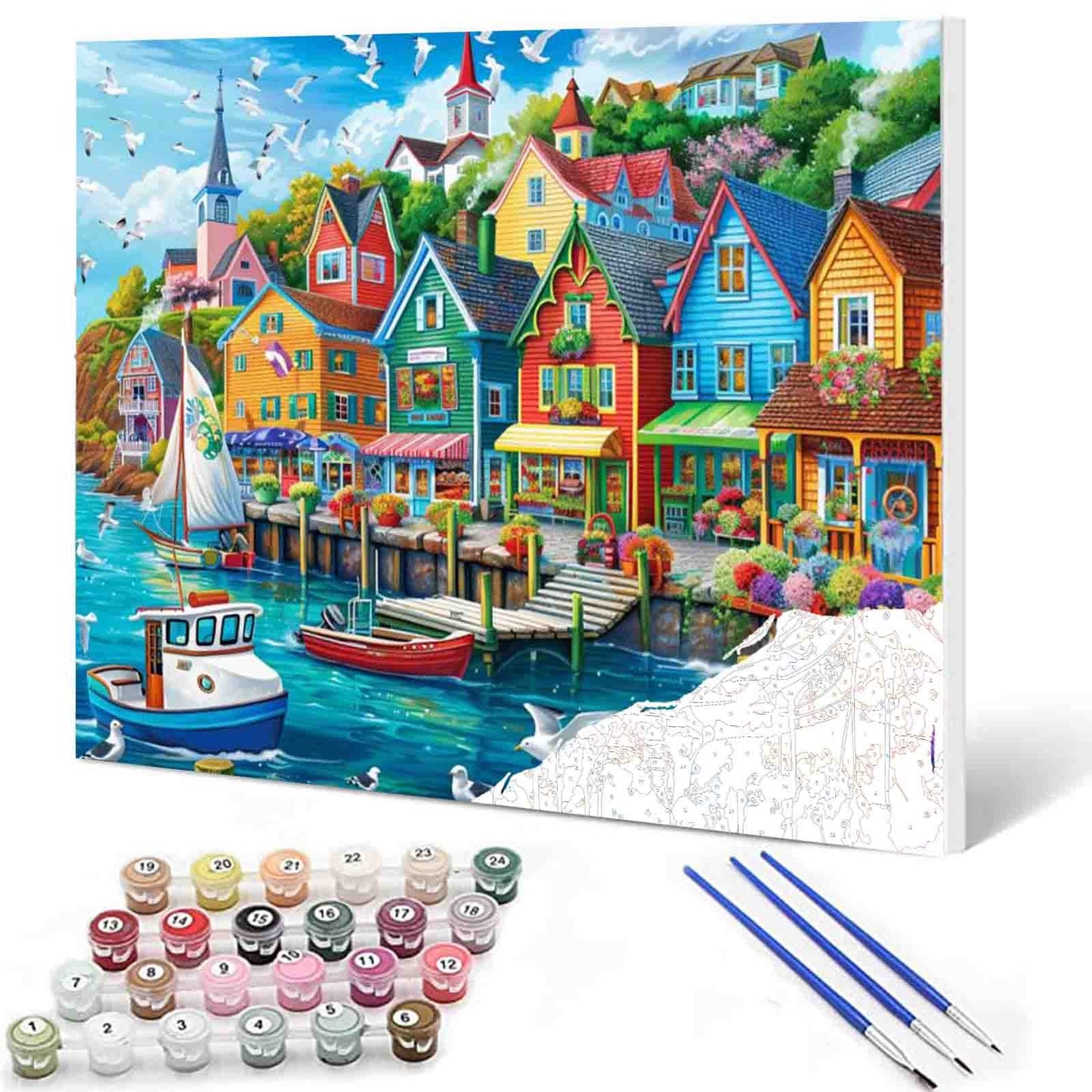 Colorful Harbor Town Paint by Numbers