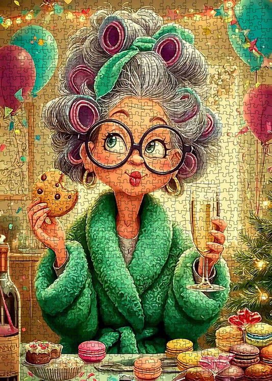 Happy Grandma Driking ChampagneJigsaw Puzzle
