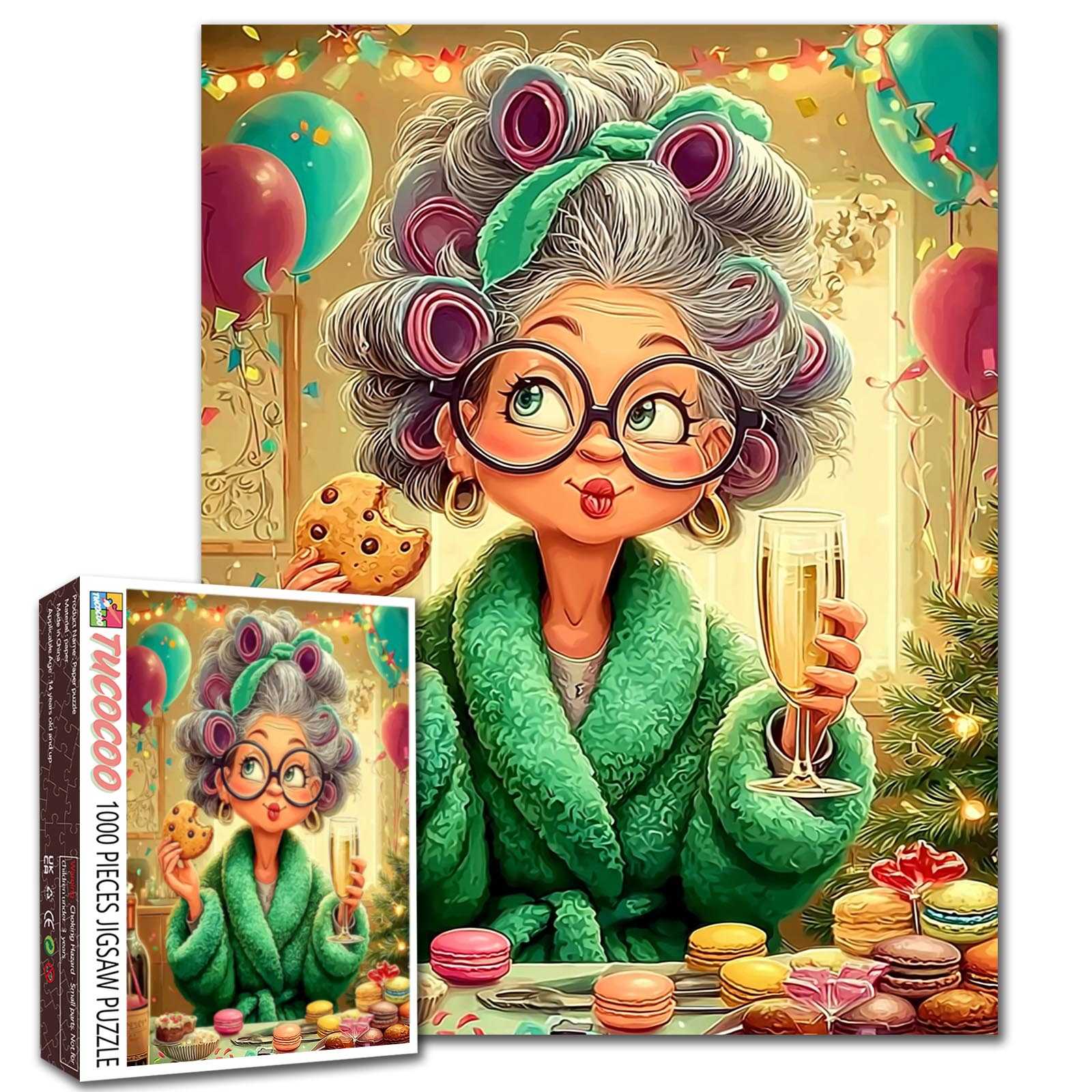 Happy Grandma Driking ChampagneJigsaw Puzzle
