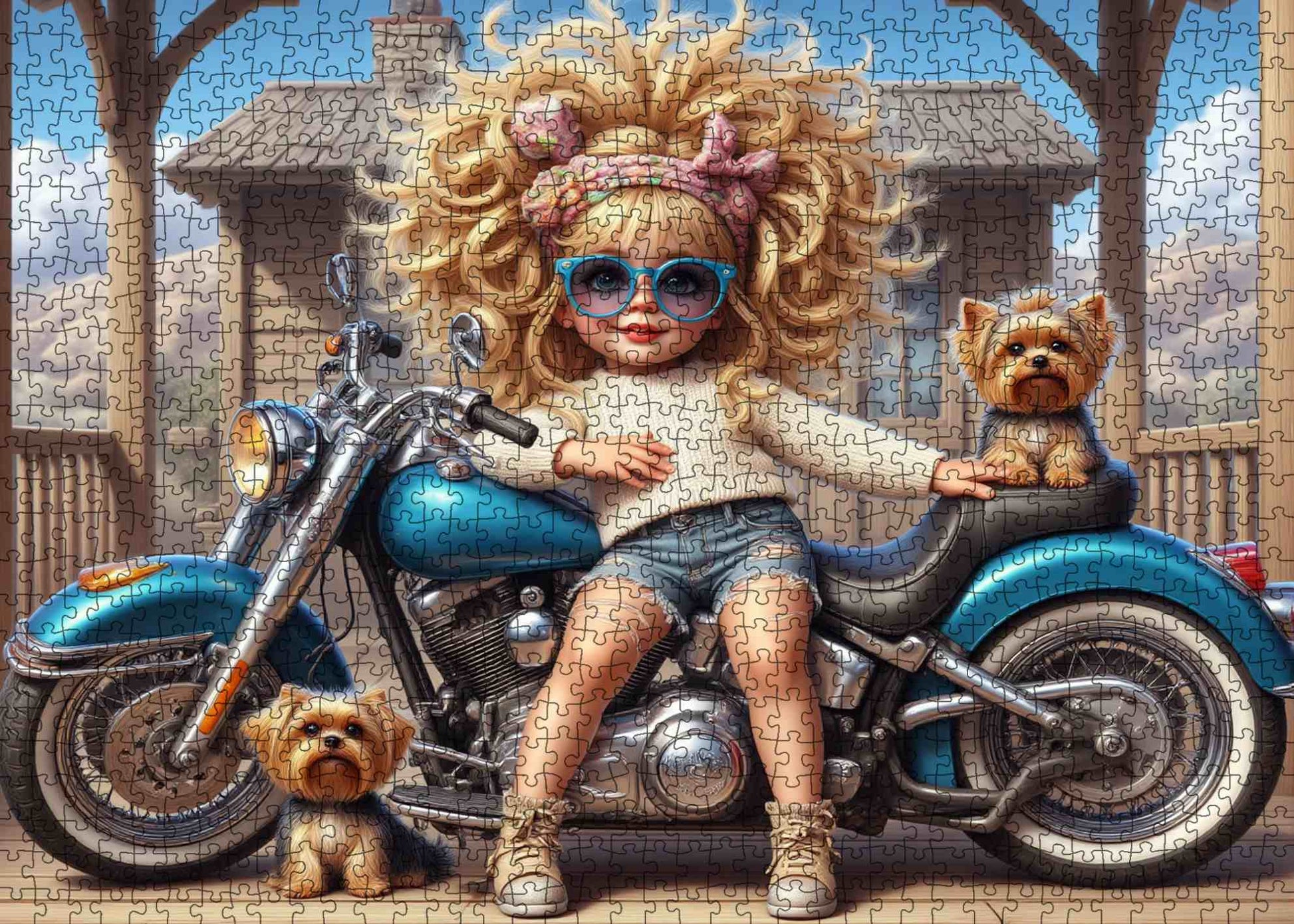 Cool Biker Girl and Pups Jigsaw Puzzle