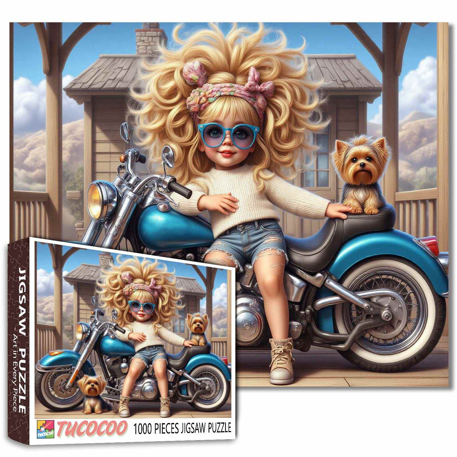 Cool Biker Girl and Pups Jigsaw Puzzle