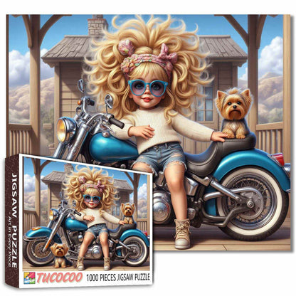 Cool Biker Girl and Pups Jigsaw Puzzle