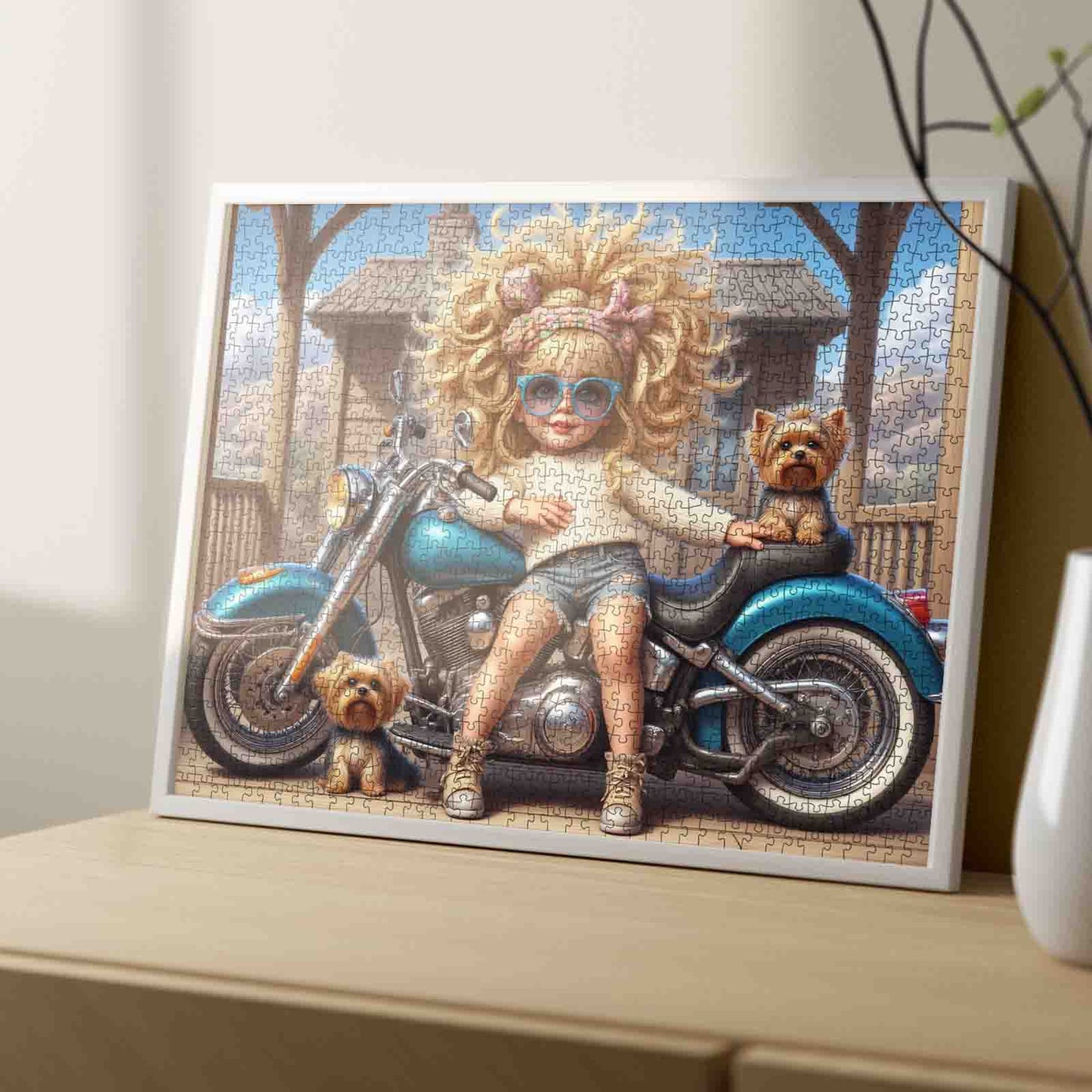 Cool Biker Girl and Pups Jigsaw Puzzle