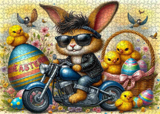 Cool Bunny Biker Easter Chick Ride Jigsaw Puzzle