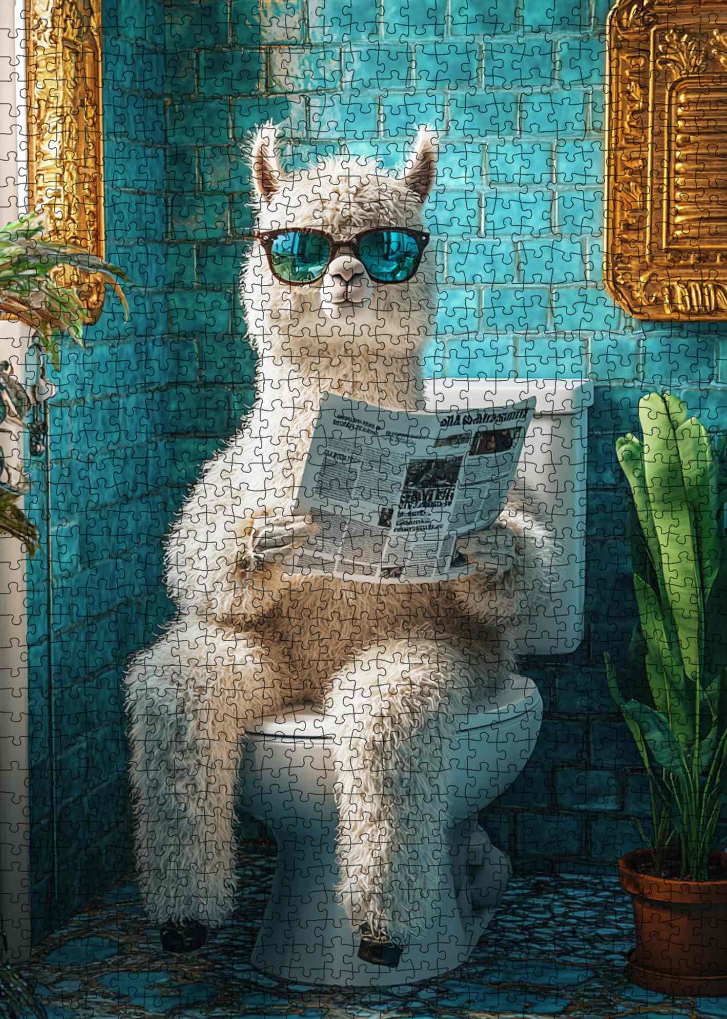 Cool Llama Reading Newspaper Bathroom Scene Jigsaw Puzzle