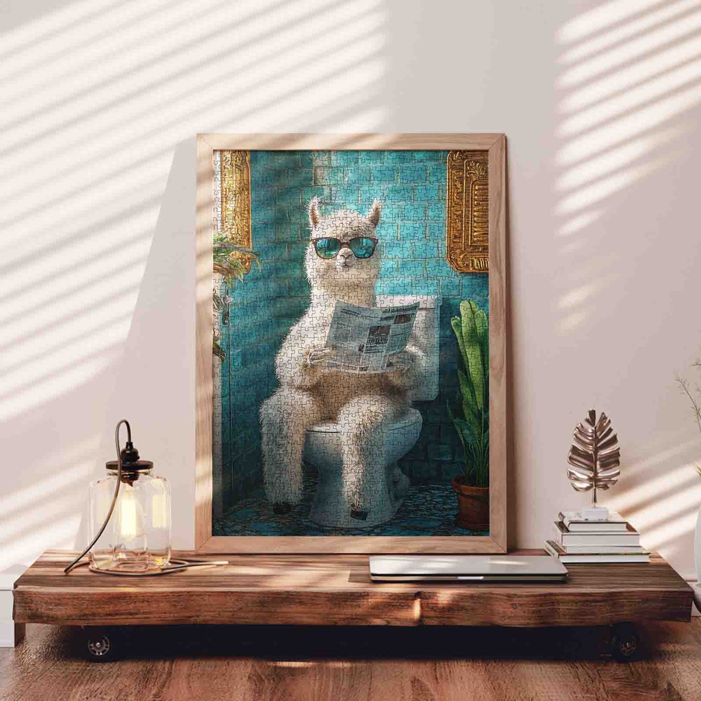 Cool Llama Reading Newspaper Bathroom Scene Jigsaw Puzzle