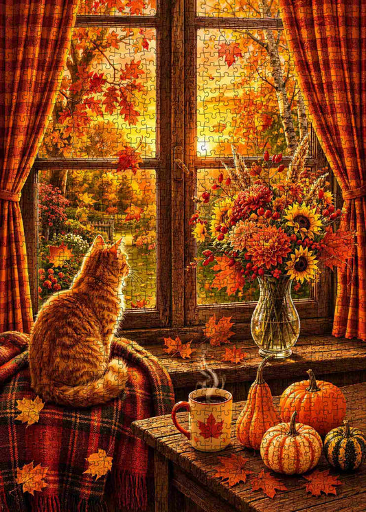 Cozy Autumn Cat Window View Jigsaw Puzzle