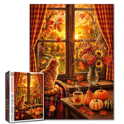 Cozy Autumn Cat Window View Jigsaw Puzzle