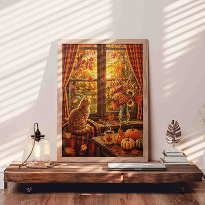 Cozy Autumn Cat Window View Jigsaw Puzzle