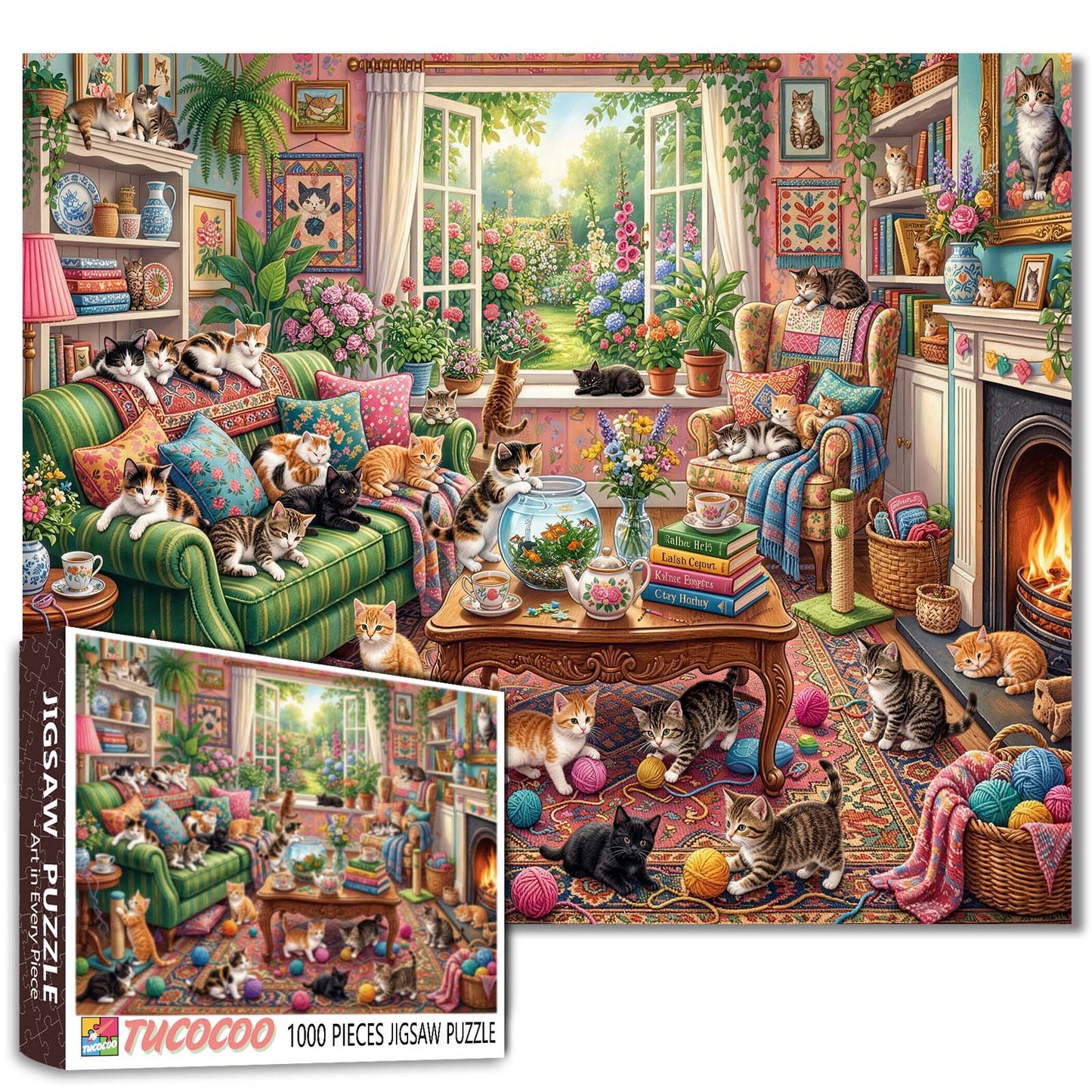 Cozy Cat Living Room Garden View Jigsaw Puzzle