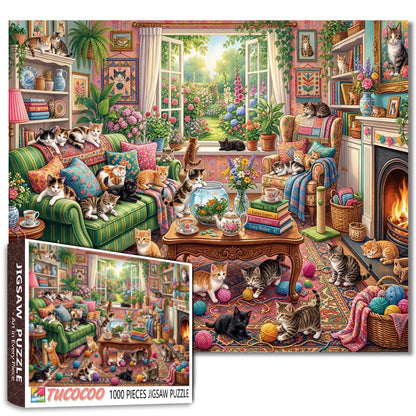 Cozy Cat Living Room Garden View Jigsaw Puzzle