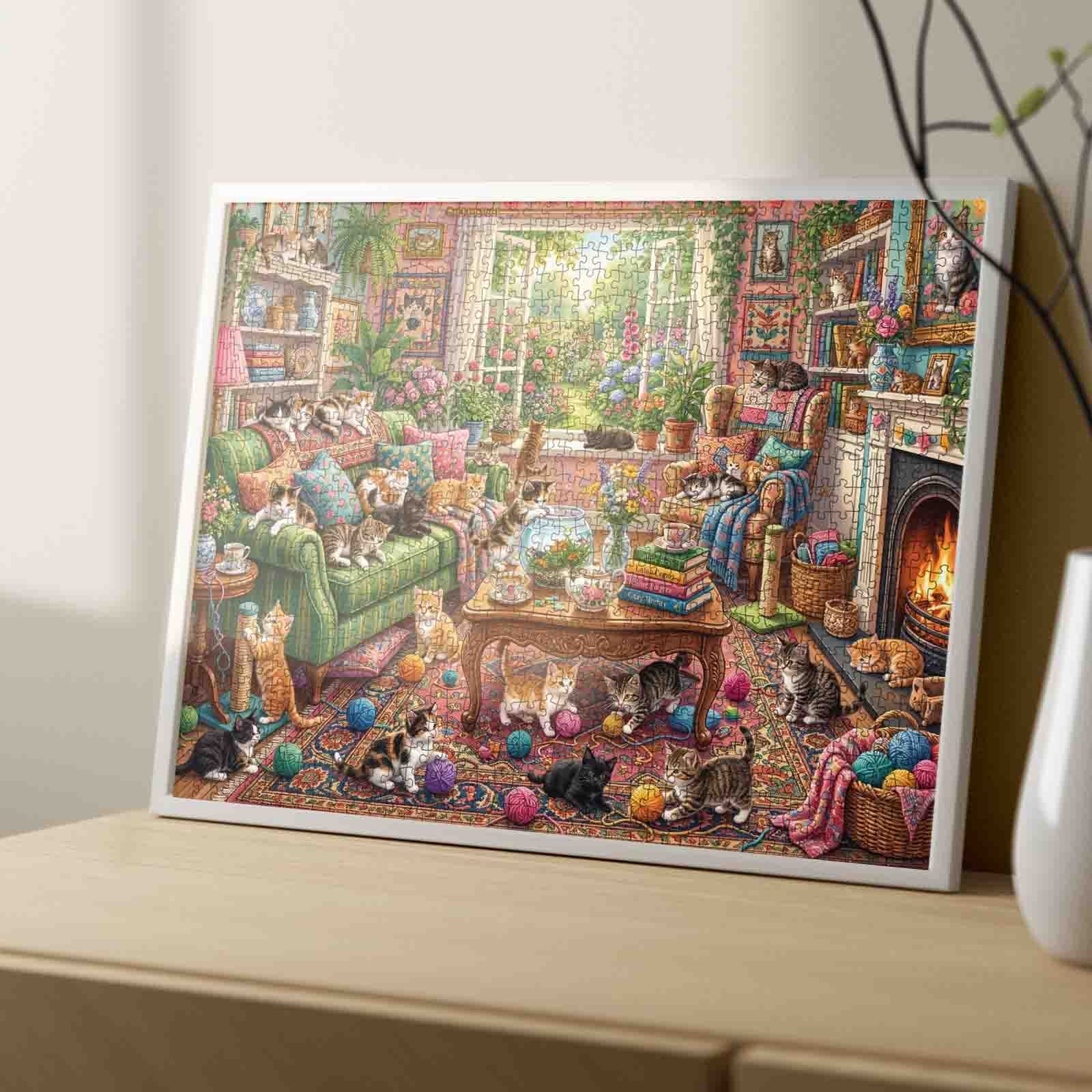 Cozy Cat Living Room Garden View Jigsaw Puzzle
