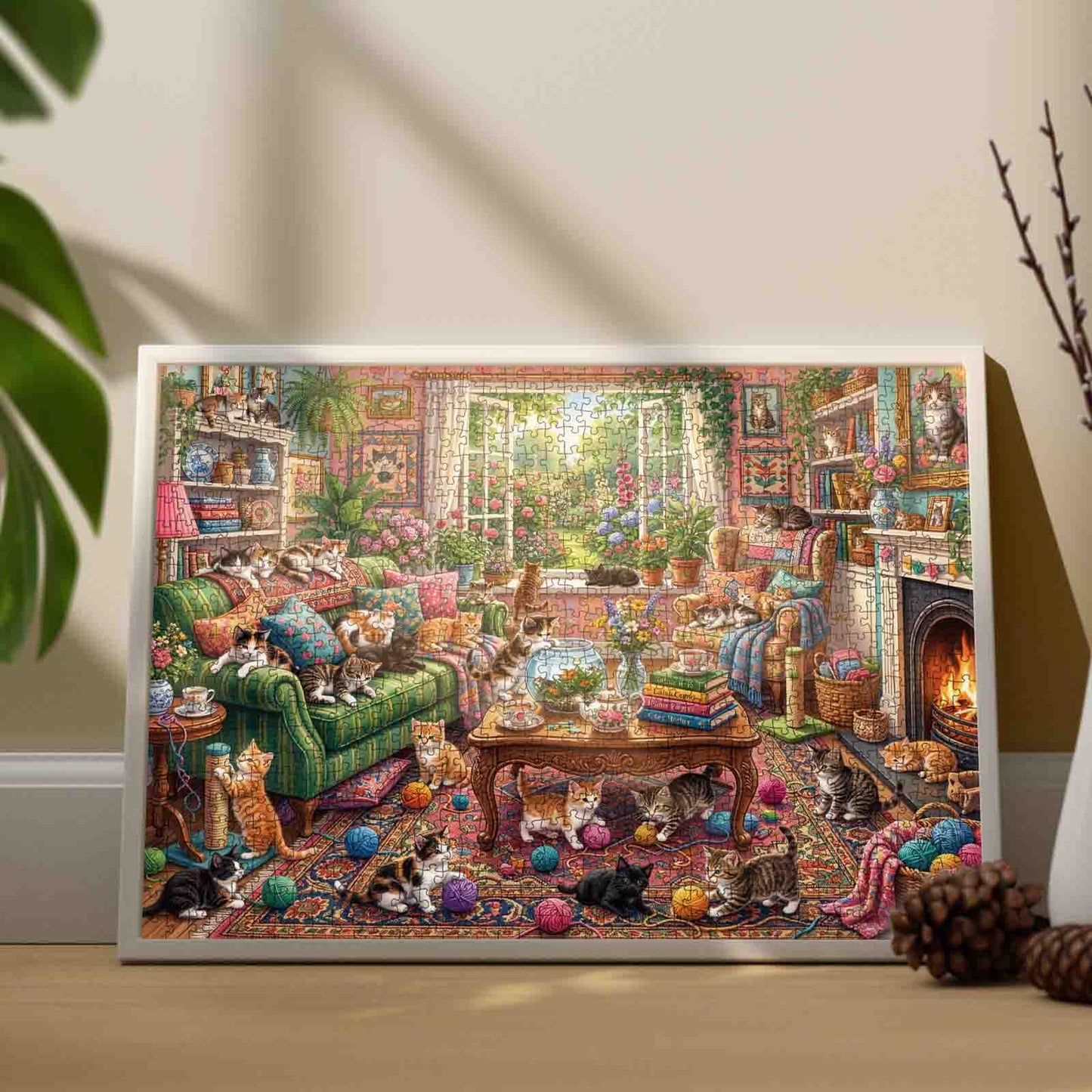 Cozy Cat Living Room Garden View Jigsaw Puzzle