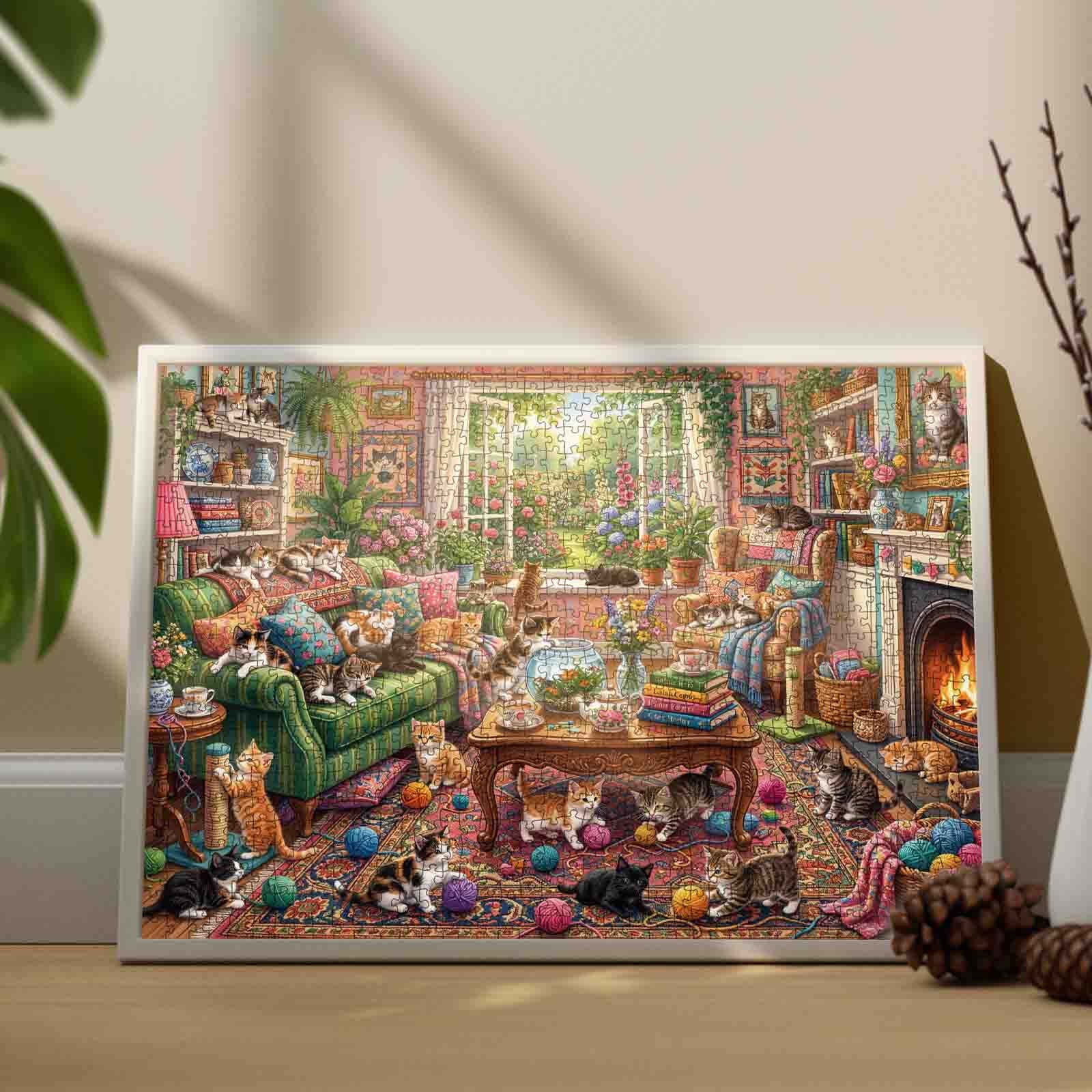 Cozy Cat Living Room Garden View Jigsaw Puzzle