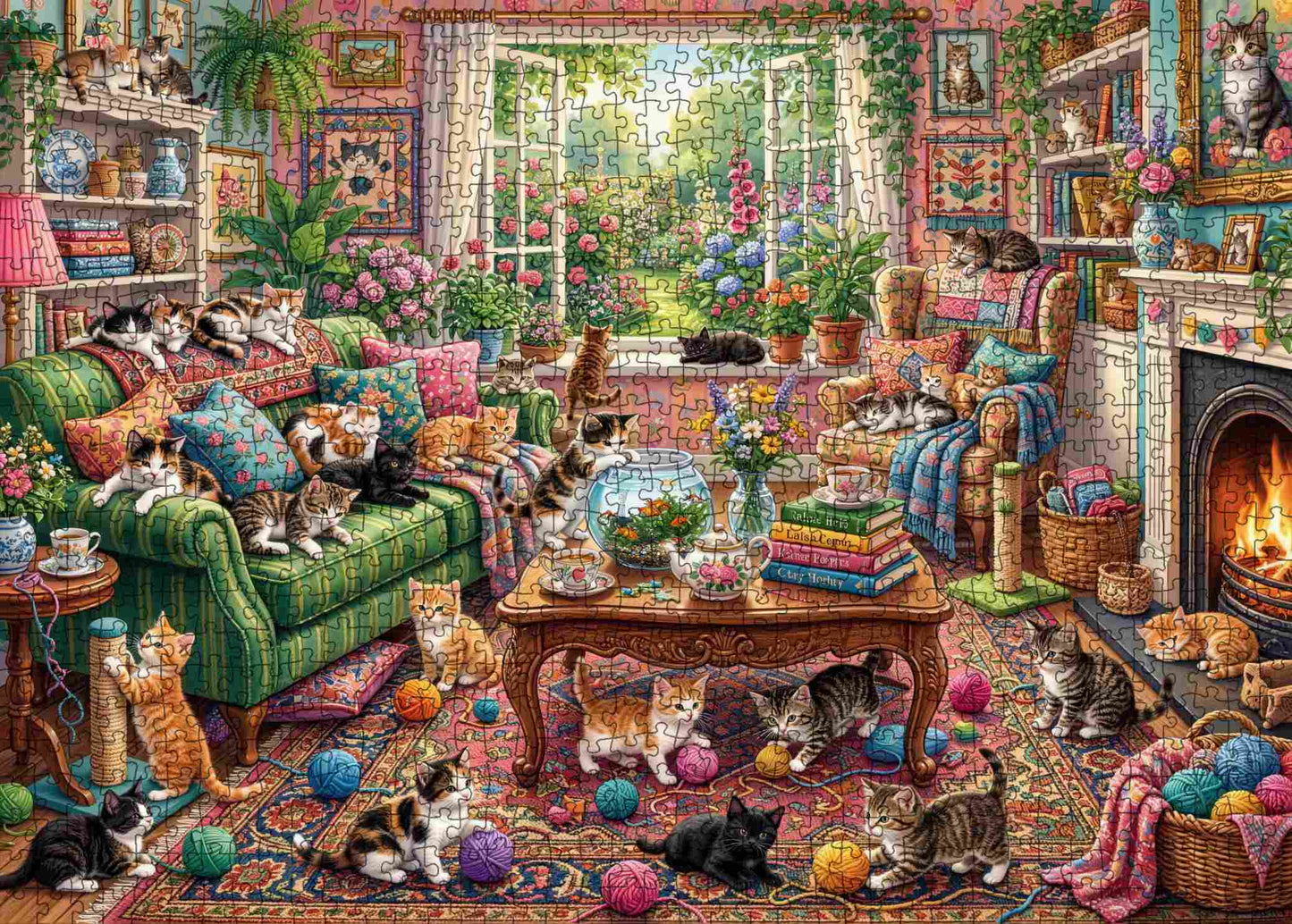 Cozy Cat Living Room Garden View Jigsaw Puzzle