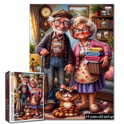 Cozy Grandma Grandpa and Cat Jigsaw Puzzle