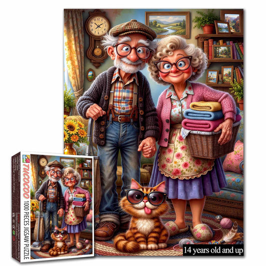 Cozy Grandma Grandpa and Cat Jigsaw Puzzle