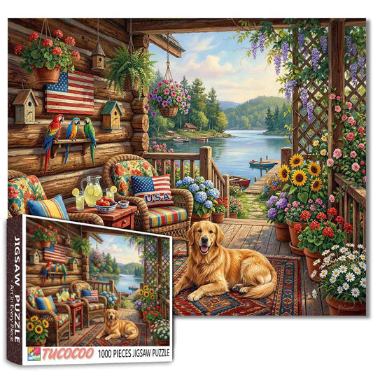 Cozy Lakeside Cabin Porch Garden Jigsaw Puzzle