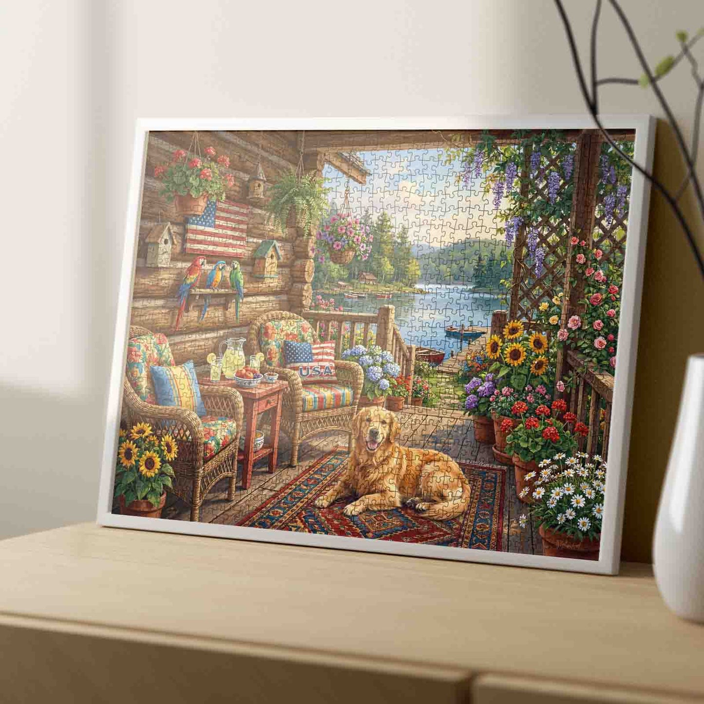 Cozy Lakeside Cabin Porch Garden Jigsaw Puzzle