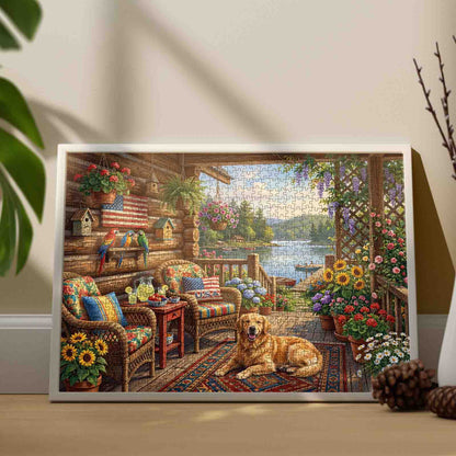 Cozy Lakeside Cabin Porch Garden Jigsaw Puzzle