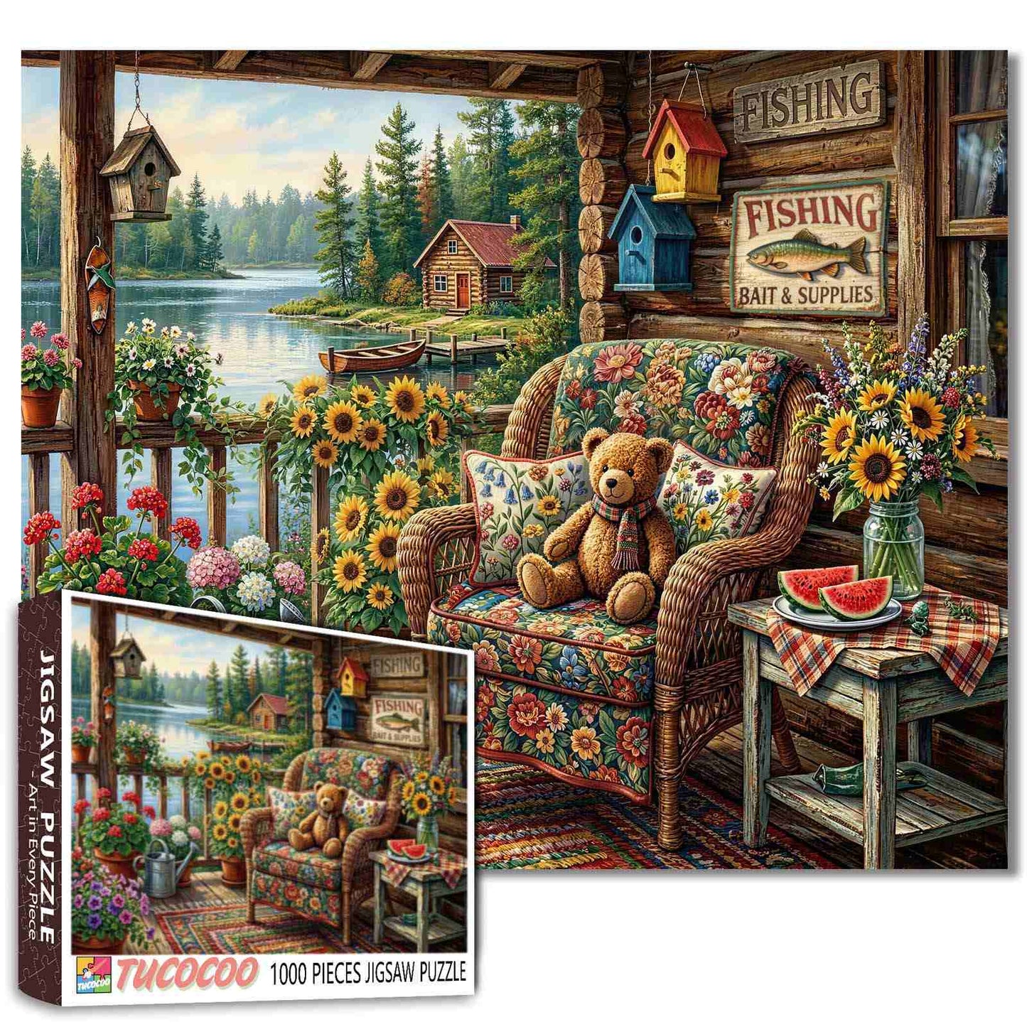 Cozy Lakeside Porch Teddy Garden Jigsaw Puzzle
