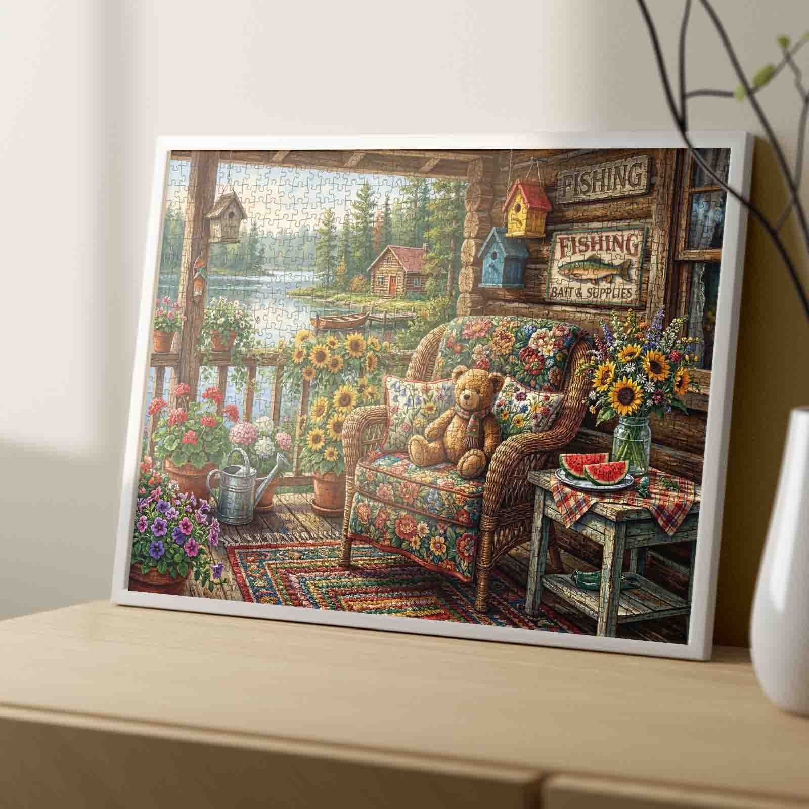 Cozy Lakeside Porch Teddy Garden Jigsaw Puzzle
