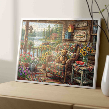 Cozy Lakeside Porch Teddy Garden Jigsaw Puzzle