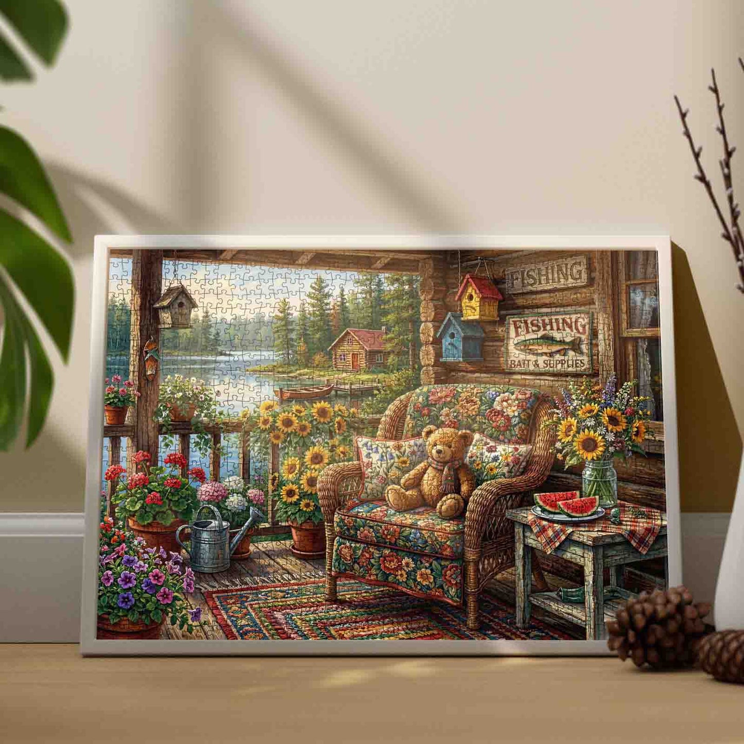 Cozy Lakeside Porch Teddy Garden Jigsaw Puzzle