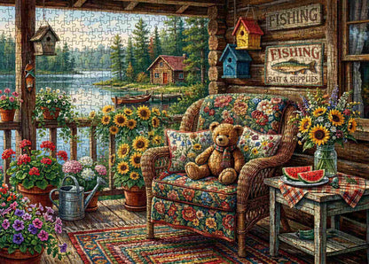 Cozy Lakeside Porch Teddy Garden Jigsaw Puzzle