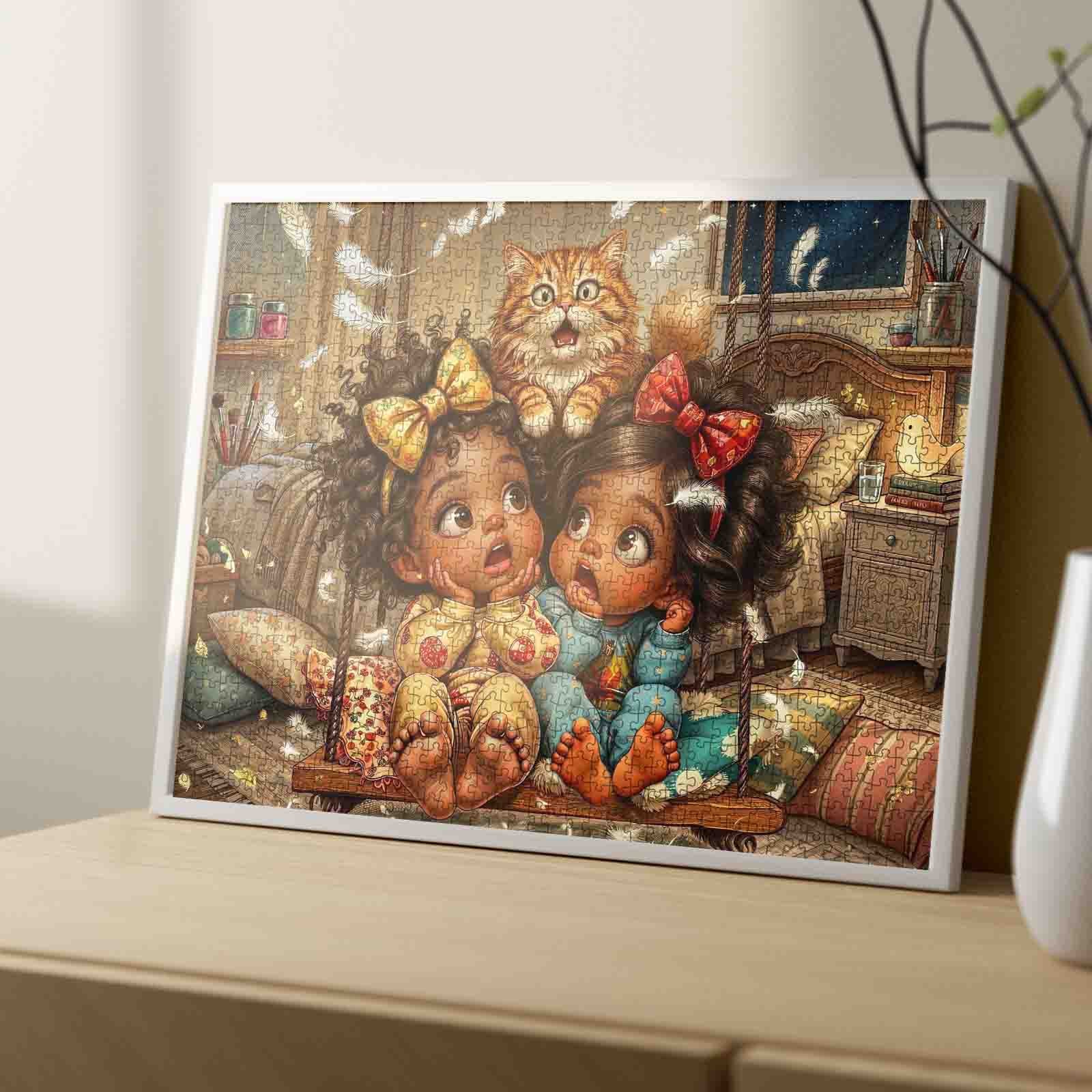 Cozy Pillow Fight Girls Jigsaw Puzzle