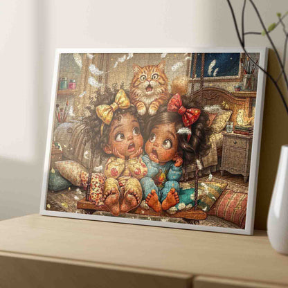 Cozy Pillow Fight Girls Jigsaw Puzzle