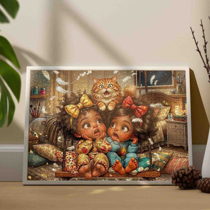 Cozy Pillow Fight Girls Jigsaw Puzzle