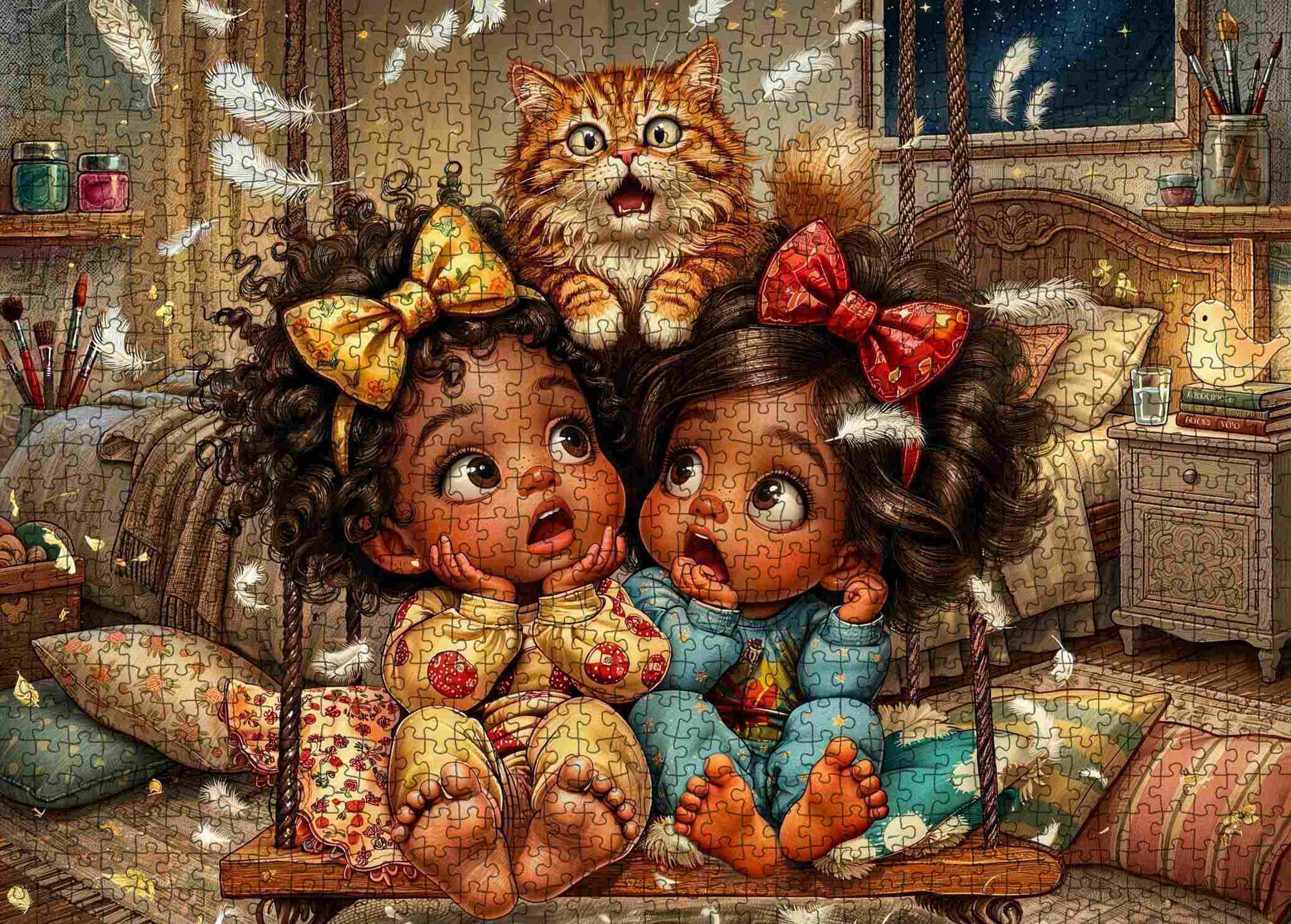 Cozy Pillow Fight Girls Jigsaw Puzzle