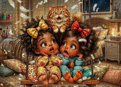Cozy Pillow Fight Girls Jigsaw Puzzle