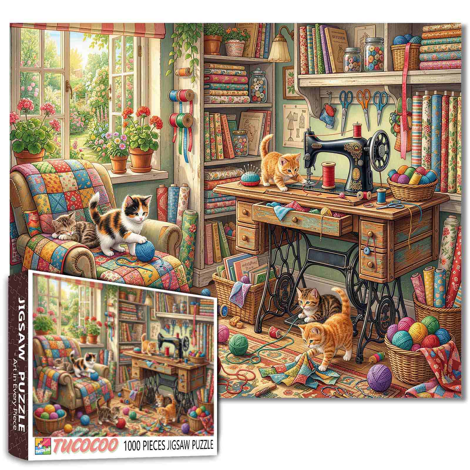 Cozy Sewing Room Kittens Craft Workshop Jigsaw Puzzle