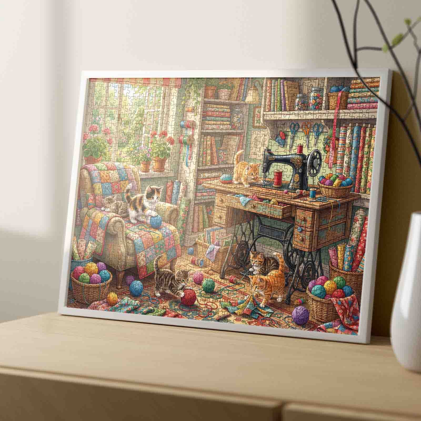 Cozy Sewing Room Kittens Craft Workshop Jigsaw Puzzle