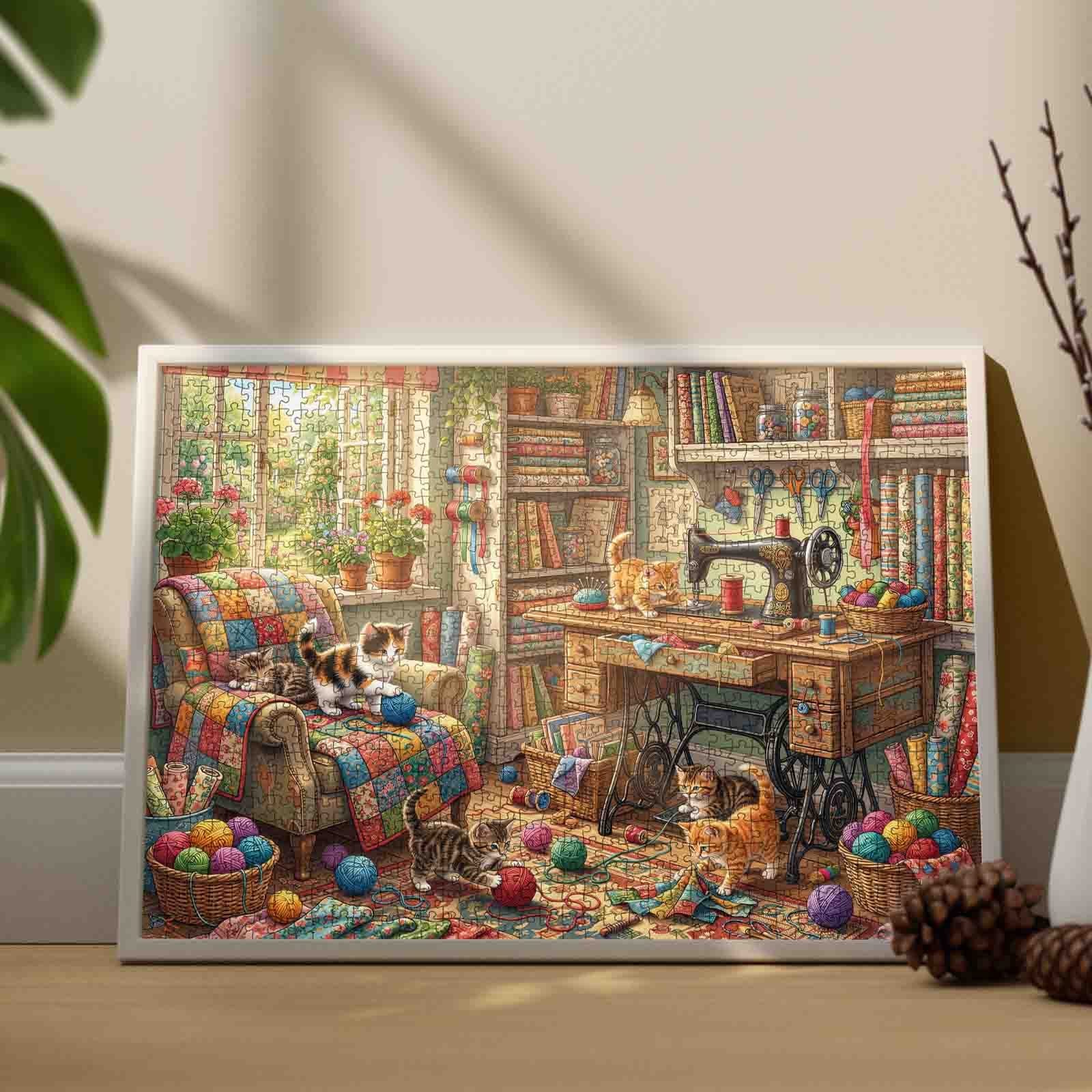 Cozy Sewing Room Kittens Craft Workshop Jigsaw Puzzle