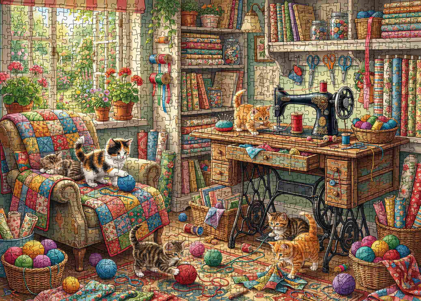 Cozy Sewing Room Kittens Craft Workshop Jigsaw Puzzle